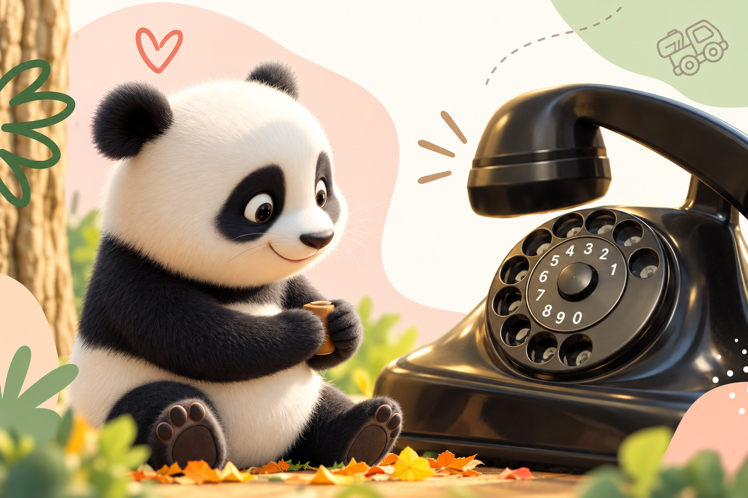 Mažoji Panda sėdi šalia juodo disko telefono