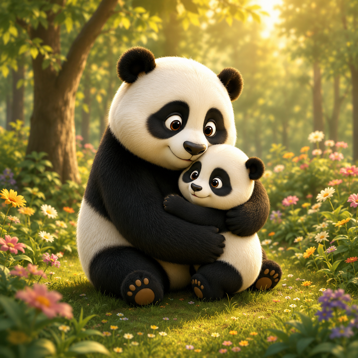 Mama panda apkabina savo mažylį gėlėtoje pievoje