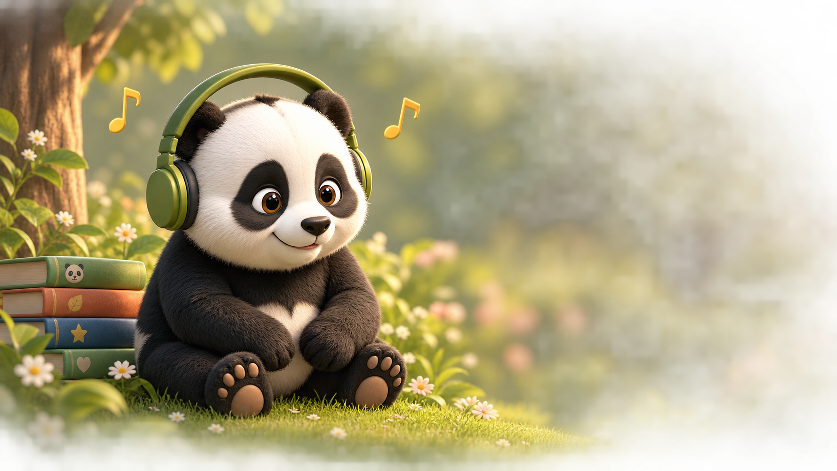 Mažoji Panda su ausinėmis klauso audio pasakos