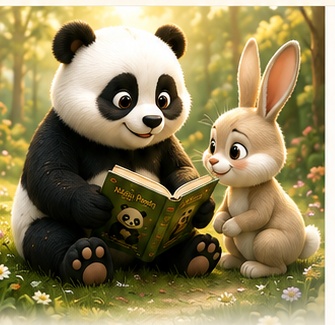 Mažoji Panda ir Zuikis linksmai bėga žydinčiu takeliu