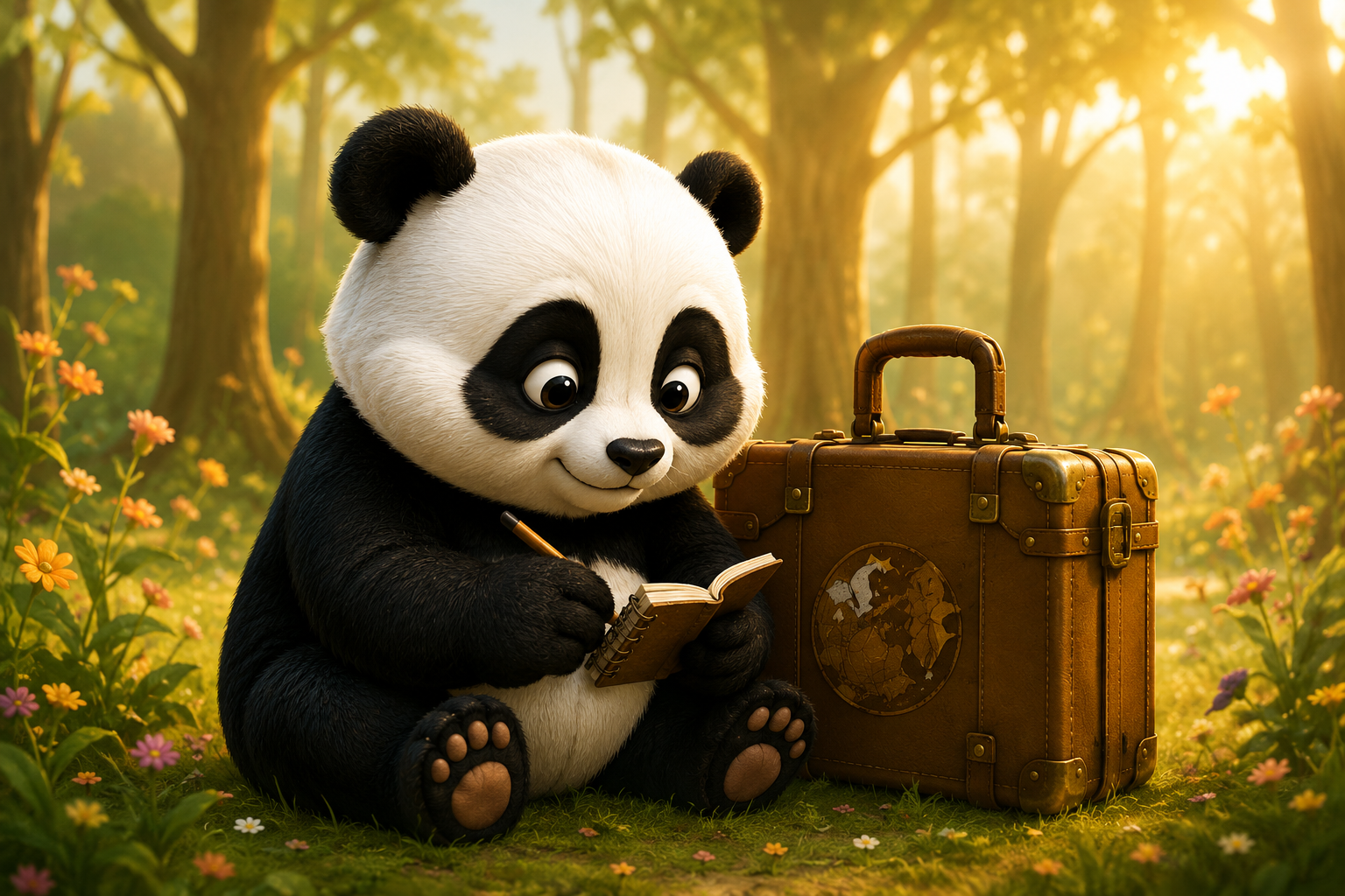 Mažoji Panda rašo į užrašų knygelę šalia senoviško lagamino