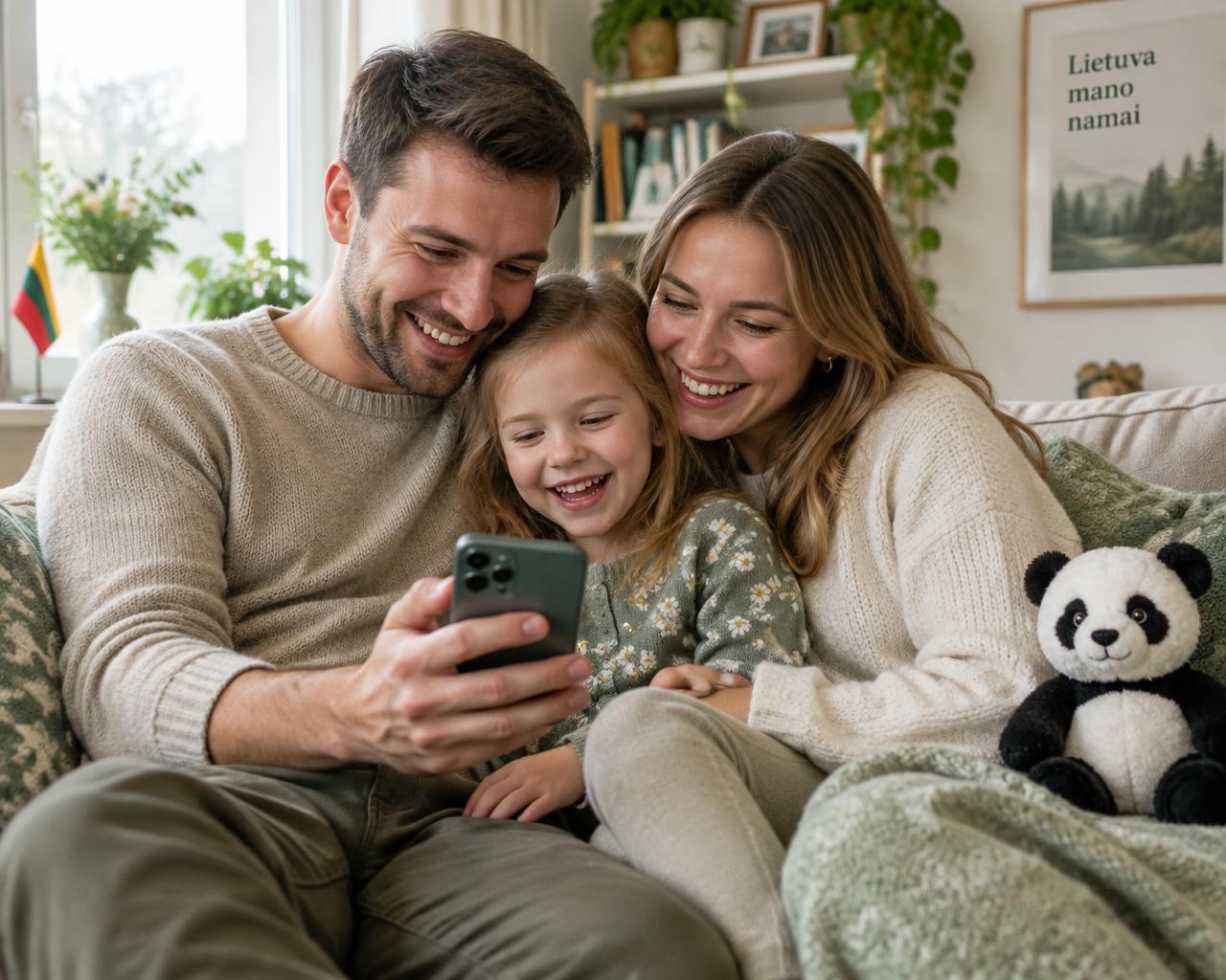 Tėtis, mama ir vaikas kartu smalsiai žiūri į telefoną – planuoja MyPanda užduotis